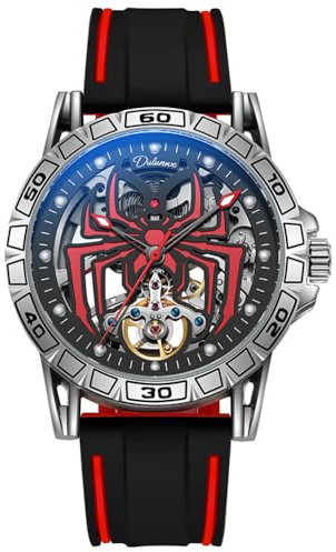 DAXIAOYU Persönlichkeit Vollautomatische Tourbillon Mechanische Uhr für Herren Ausgehöhltes Skelett Spinne Design Wurmloch Konzept Uhr Wasserdicht Leuchtende Mode Trend Armbanduhr, Rot/Ausflug,