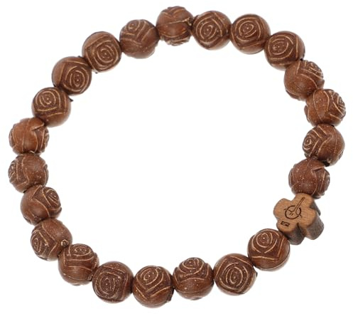 TOVINANNA Bracciale per Uomo in Resina Effetto Legno Perline e Croce Classica Leggera per Bar Dimensioni 6,50X6,50X1,00 CM