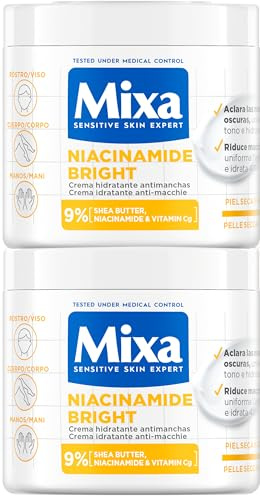Mixa Pack Risparmio Crema Corpo Niacidamide Bright per pelli spente con 9% di [Burro di Karité + Niacinamide + Vitamina Cg]. Chiarisce le macchie scure. Adatto per pelli sensibili. 400 ml x2.