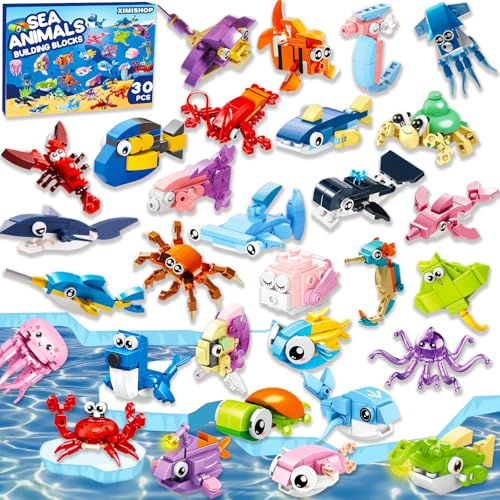 XIMISHOP Mini Building Blocks Party Favors for Kids，30 Packs Mini Animal Building Blocks Set Tiny Marine Ocean Building Toys for Unisex Kids Classroom Prizes Rewards Gifts Exchange Goodie loot