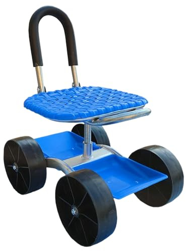Tewzafiya Asiento de jardín Enrollable | Taburete con Ruedas con Asiento Giratorio de Altura Ajustable, Robusto Taburete de jardín con Bandeja para Herramientas y Cesta de Almacenamiento para