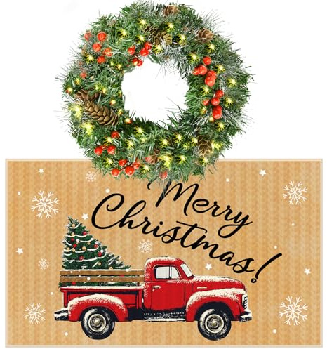 2Pcs Pre-Lit Christmas Wreath with Lights Christmas Natural Coir Doormat Pine Cones Berry Clusters Ornaments 17 x 29 Inch Xmas Red Truck Door Rugs for Front Door Entryway Outside Patio Porch Decor