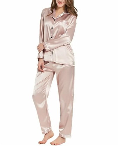 Fjquamitix Satin Pyjamas for Women, Silk Pyjamas PJS Sets Long Sleeve Long Pants, Button Down Soft Ladies Loungewear Sleepwear (UK, Alpha, M, Regular, Regular, Champagne)