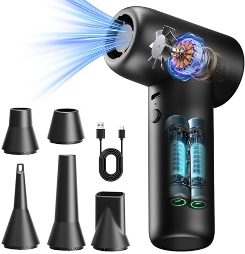 Biftrew Compressed Air Duster, 150000RPM Compressed Air Blower with 5 Nozzles, Rechargeable Brushless Handheld Cordless Air Duster, Adjustable Compressed Air Cleaner for PC/Car/Computer/Camera