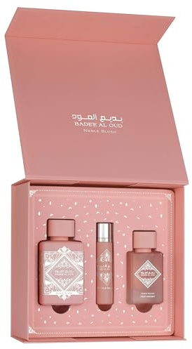 Badee Al Oud Noble Blush Women’s Perfume Gift Set 3 Piece | Long Lasting Eau de Parfum Spray with Travel Spray & Hair Mist | Rose Vanilla Musk Scent | Luxury Fragrance Set for Her