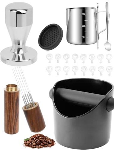 ZaKaBox 23-Piece Barista Kit with 51mm Tamper & Knock Box | includes milk pitcher with scale, latte art pen & spoon, WDT tool, tamper mat, 16 stencils, complete professional set