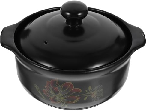GLSTOY Cazuela de Cerámica para Estofado 1,6l Tapa Negra Resistente al Fuego, Olla para Sopa y Guisos de 1-2 Personas, Utensilios de Cocina de Alta Temperatura para Cocina Doméstica