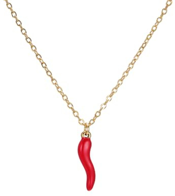 LIKGREAT Collier Corne Italienne pour Femme Cornicello Pendentif Piment Rouge Porte-Bonheur Amulette Talisman Bijou Protecteur (Piment rouge - Doré)