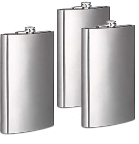 Relaxdays 3X Flachmann XXL aus Edelstahl, Riesen Flachmann mit 1800 ml Fassungsvolumen, klassisches Flachmann-Design, Silber