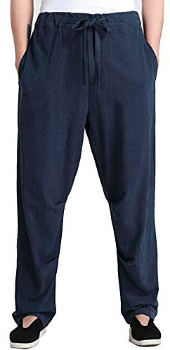 G-LIKE Kung Fu Training Linen Trousers - Traditional Chinese Martial Arts Wushu Taichi Wing Chun Harem Trousers Men Women Long Casual Trousers Spring Summer Trousers Sports Trousers Retro Style, blue,