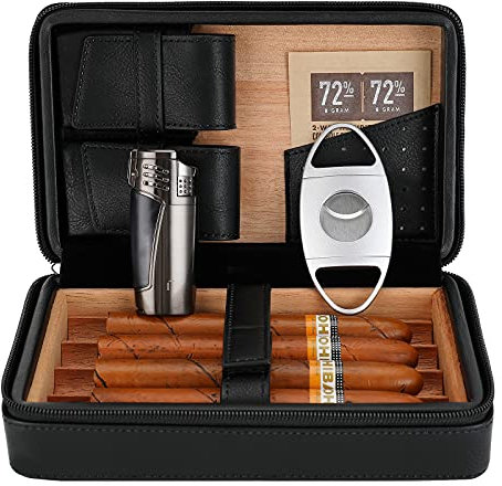 CiTree Tragbarer Zigarren-Humidor, Zedernholz Leder Zigarrenetui mit Feuerzeug und Zigarrenschneider, Schwarz