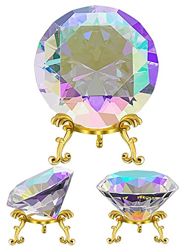 C&Z Presse-papier en cristal de 80 mm - Attrape-soleil arc-en-ciel - Fond en diamant pour ongles - Décoration de maison/bureau - Gros faux diamant avec base en métal doré (revêtement AB)
