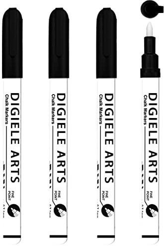 DIGIELE Rotulador Tiza Liquida Negro, 0.7-1mm Punta Fina Negra Rotuladores de Tiza, 4pcs Marcador de Borrables en Seco y Húmedo para Cristals, Espejos, Ventanas & Pizarra Blanca, Seguro y No Tóxico