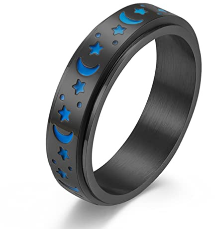 ANIEJUFI Stainless Steel Spinner Ring Luminous Glow Moon and Star Fidget Stress Relief Anxiety Rings for Women Men, Black Size 4