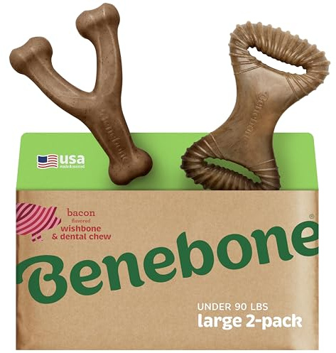 Benebone 2-Pack Wishbone/Dental Durable Dog Chew Toys, Real Bacon, Made in USA, Large