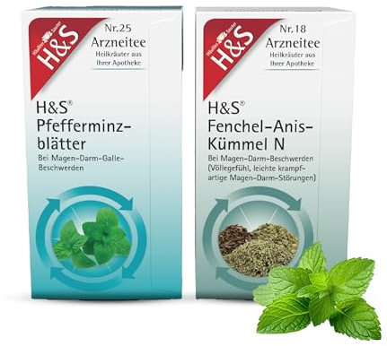 H&S Fenchel-Anis-Kümmel N und H&S Pfefferminzblätter: Tee-Bundle zur Anwendung bei Magen-Darm-Beschwerden, 2 x 20 Beutel
