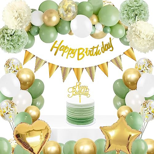 Geburtstagsdeko Grün, Deko Geburtstag Mädchen Junge, Dschungel Kindergeburtstag Deko Avocado Grüne Gold Luftballons, Happy Birthday Banner für Babyparty, Geburtstag Dekoration Männer Frauen