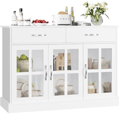 FirFurd 120cm Küchenschrank Sideboard mit 3 Glastüren und 2 Schubladen Buffetschrank Küchenkommode Holz Aufbewahrungsschrank für Wohnzimmer Esszimmer Flur 120x84x40 cm