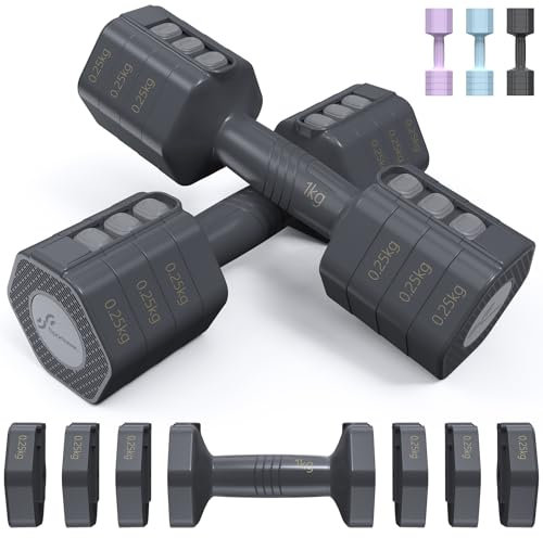 Sportneer Verstellbare Hanteln Frauen Set: Hanteln Set je 1-2,5 kg Gewichte, 4-in-1 Adjustable Hexagon Dumbbell Set, Kurzhanteln 2er Set für Fitness, Home Gym, Krafttraining, Geschenk (Schwarz Grau)