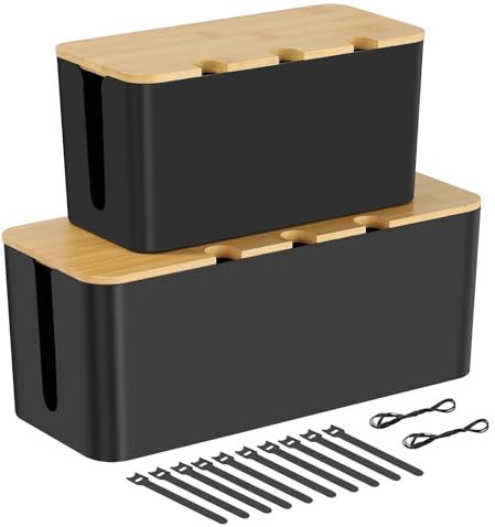 BEZORR Set of 2 Cable Tidy Box, Cables Management with Reusable Ties Straps, Cable Organizer Box for Desk, Cord Storage Management with Lid,for Hiding Electric Wire Cord, Power Strip, Extension Lead