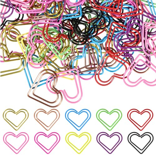 100 Pcs Cute Metal Heart Paper Clips Love Shape Binder Paperclips Multicolored Cute Paper Clip Colorful Papers Clip for Office School Supplies Document Note Wedding Decoration Bookmark Study Gifts