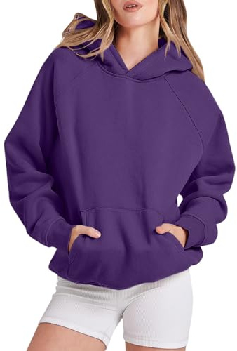 Sudadera básica con capucha para mujer, de forro polar, holgada, de manga larga, con bolsillos, hombros caídos, cárdigan ligero para mujer, Morado (, M