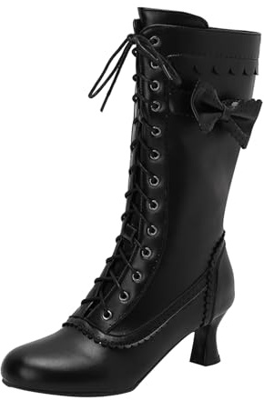 Xbemkste Botas tradicionales para mujer, estilo victoriano, con cordones, medievales, de becerro medio, vestido de boda, elegantes, botas largas de invierno, Negro , 37 EU