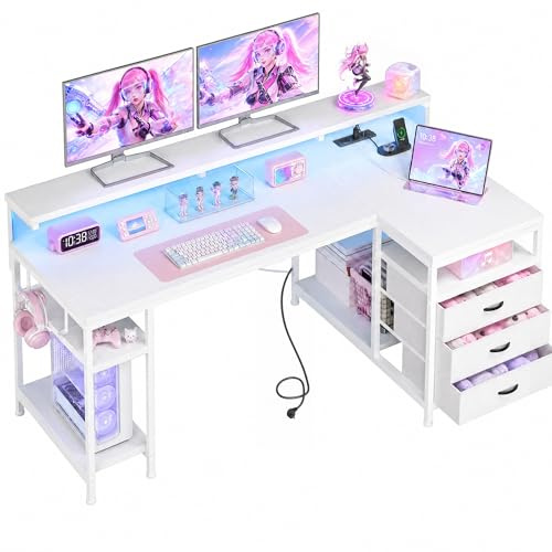 Klyvvo 120x80 cm Forma de L Escritorio con 3 Cajones, LED, Soporte para Monitor, 2 Enchufes y 2 Puertos USB, Reversible Mesa Gaming con Gancho para Trabajo,Juegos,Estudiar,Homeoficina, Estudio, Blanco