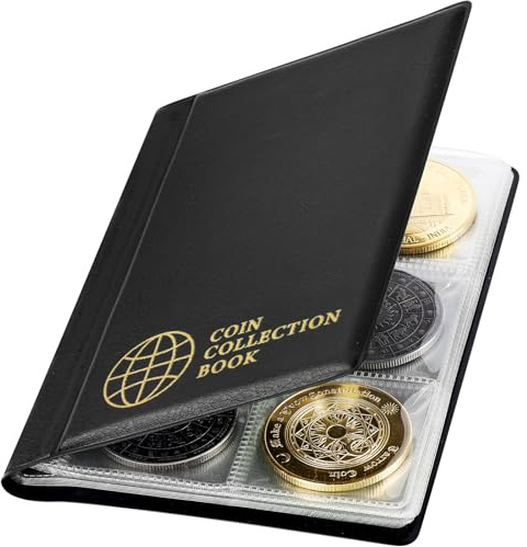 Vicloon Coin Collection Album, 60 Pockets 4.5x4.5cm Grid Coin Storage Holder, 10 Pages Coin Collecting Book for Pounds Pence Cents Dollars Nickel (Black)