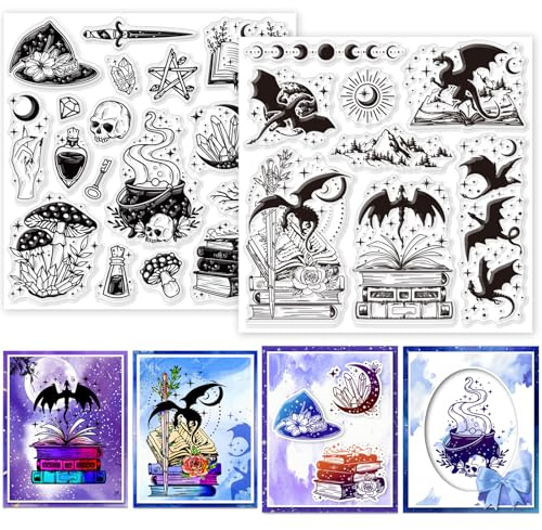 GLOBLELAND 2 hojas de sellos transparentes de dragón mágico para álbumes de recortes, 5.9 x 5.9 pulgadas, sellos de silicona para libros mágicos, fase lunar, estrellas, juego de sellos transparentes