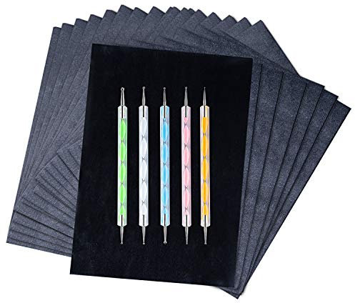 Lot de 200 feuilles de papier carbone noir graphite pour transfert de papier calque et 5 stylets de gaufrage à billes pour le travail du bois, le papier, la toile et d'autres surfaces d'artisanat