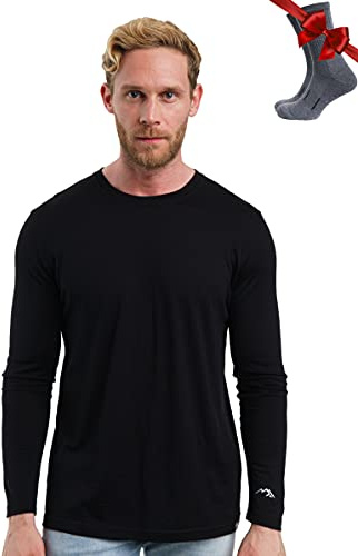 100% Merino Wool Base Layer Men - Long Sleeve Thermal Shirt + Hiking Socks (M, 165 Black)