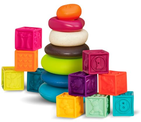 B. toys - Set One Two Squeeze con Piedras de Equilibrio para Saltar - Bloques para bebés y Anillos apilables - 10 Bloques numerados y 5 Anillos de Colores - Juguete Educativo