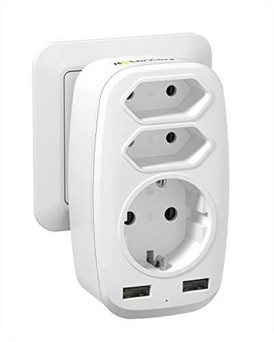 LENCENT USB Steckdose Adapter 5 in 1 Mehrfachstecker 4000W 3 Fach Multistecker Doppel Euro und 1 Schuko Mehrfachsteckdose mit 2 USB Ladegerät Adapter für Handys