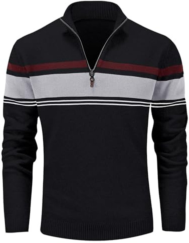 MAGCOMSEN Men's 1/4 Zip Jumper Warm Cotton Knitted Striped V Neck Jumpers Fall Winter Golf Casual Work Pullover Sweater Black Light,Grey,M