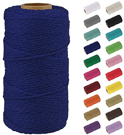 Uiopa Macrame Corde 2mm x 100m, Naturel Fil Macramé Fil de Coton Ficelle Corde, DIY Cordelette pour Tressée, Tapisserie de Plante, Tenture Murale, Cadeau Décoration, Emballage (Bleu foncé)