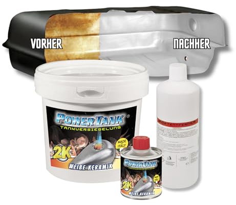POWER TANK - Tankversiegelung Motorrad 2k Weiß Keramik 2,5 kg Set Tankentroster Innen Versiegelung Tanksanierung Rost Tank Entrosten Und Versiegeln Tankinnenlack Tankbeschichtung Rostlöser Auto Moped