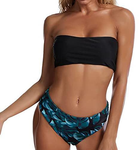 Femmes Maillots de Bain sans Bretelles Bandeau Bikini Ensemble Maillot de Bain Sexy Imprimer Taille Haute Deux Pièces Maillots de Bain Ensemble Maillot de Bain pour Les(M-Haut Noir et Short Vert)