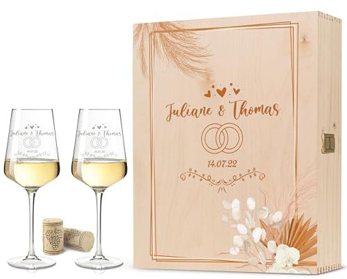 GRAVURZEILE Leonardo Weingläser - Pampasgras Frame Love Design - graviert mit Namen & Datum - inkl. Vintage Holzkiste - Geschenk zur Hochzeit, Verlobung & Jahrestag - Farbe: Große Kiste