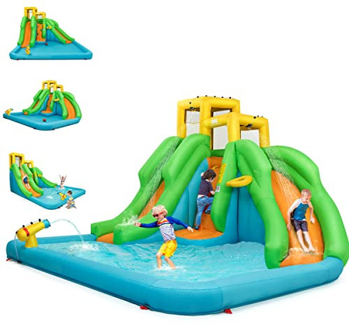 COSTWAY 5 en 1 Château Gonflable Enfants avec Toboggan Double, Parc Aquatique Gonflable avec Mur d'escalade, Panier, Piscine, Canon à Eau, Charge 159kg pour 3 Enfants de 3-10 Ans (sans souffleur)