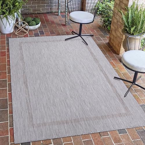 Carpetsale24 Outdoor Teppich Wetterfest 280x370 cm Silber Bordüre Design Flachgewebe Waschbar XXL Extra Groß für Wohnzimmer Esszimmer Terrasse Garten
