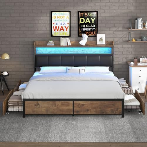 KOMHTOM Lit 2 Personnes avec LED et 4 Tiroirs de Rangement,Tête rembourrée PU,Cadre de Lit Plateforme,Sommier à Lattes,pour Adultes, Adolescents(sans Matelas) (140x200cm)
