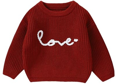 Carolilly Toddler Baby Boy Girl Knit Sweater, Letter Embroidery Warm Long Sleeve Pullover for Christmas, St Patricks Day or Vanlentine 's Day (Red Love, 12-18 Months)