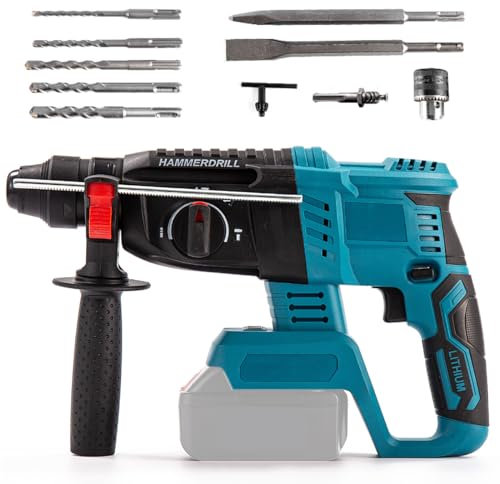 Taladro Percutor Inalámbrico, Sin Escobillas, Velocidad Regulable Sin niveles, Martillo Perforador con 6 Piezas, Mango Antivibración y Acoplamiento de Seguridad, Martillo Perforador 3 en 1 sin