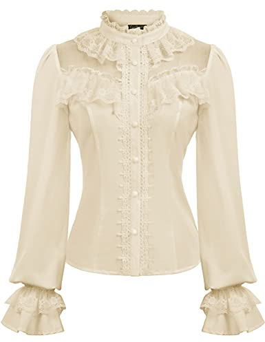 CURLBIUTY Blusa Vintage Mujer Manga Larga Cuello Alto Decorada con Encaje Negra/Ivory