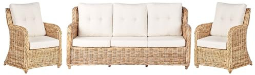 Beliani 5-Sitzer Lounge Set 3-teilig Rattan natürlich mit Kissen Out- & Indoor Alessano