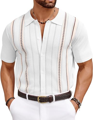 COOFANDY Chemises en tricot pour homme, chemises décontractées à manches courtes boutonnées pour l'été, la plage, chemises à col extensible