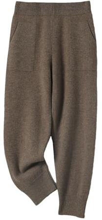 Pantaloncini da donna invernali 100% lana merino con elastico in vita, in maglia, con tasche, tinta unita, in cashmere, Marrone e grigio., L