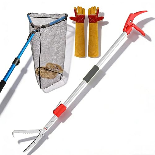 60 Snake Tongs Collapsible Grabber, Specially used as a Tool for Capturing Reptiles. Wide-Mouth Operation Tool, Stainless Steel Snake Hook, including Animal Handling Gloves and Snake Capture Net