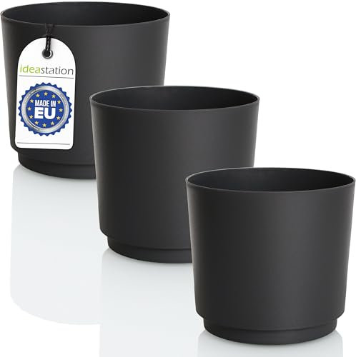 idea-station Mata - Juego de 3 macetas de 14,5 cm – 1,8 litros – Antracita – Macetas irrompibles de plástico para Diferentes Plantas, Flores – Macetas Mate para Interior y Exterior